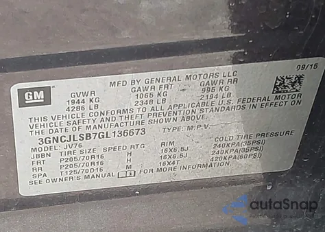 2016 Chevrolet Trax Lt z USA, uszkodzony, nr VIN 3GNCJLSB7GL136673